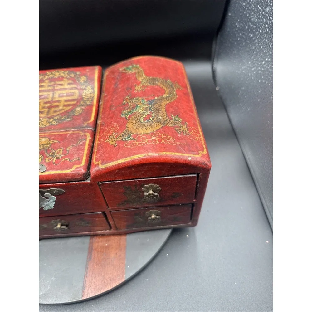 Vtg Mid Century Asian Red Lacquer Large Jewelry Box Mirror Dragon Chest RARE